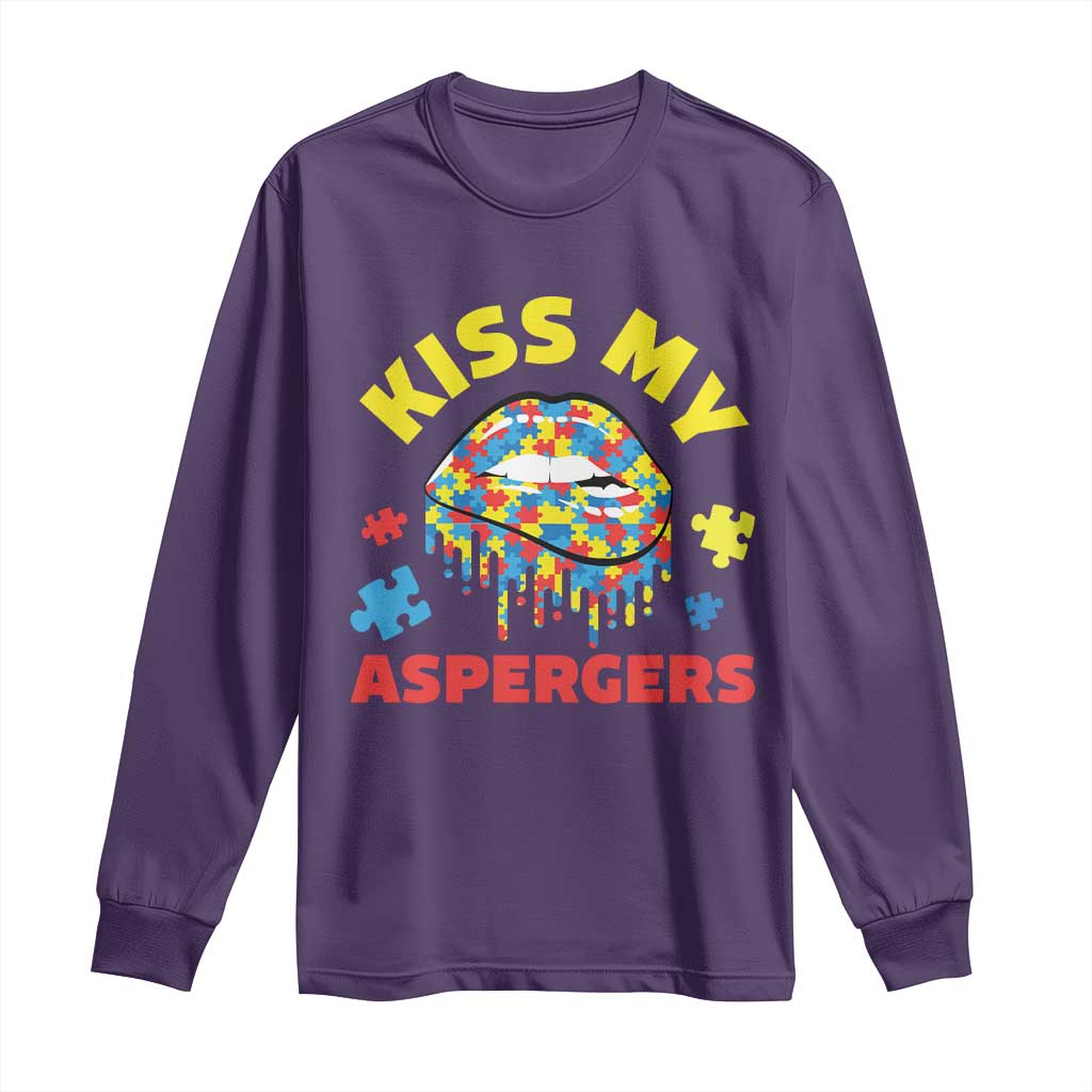 Funny Kiss My Aspergers Long Sleeve Shirt Asperger Syndrome Autism Awareness Puzzle Lips