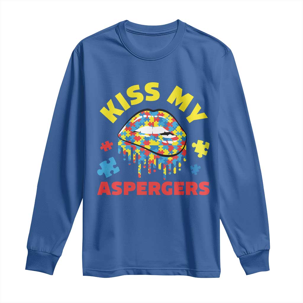 Funny Kiss My Aspergers Long Sleeve Shirt Asperger Syndrome Autism Awareness Puzzle Lips