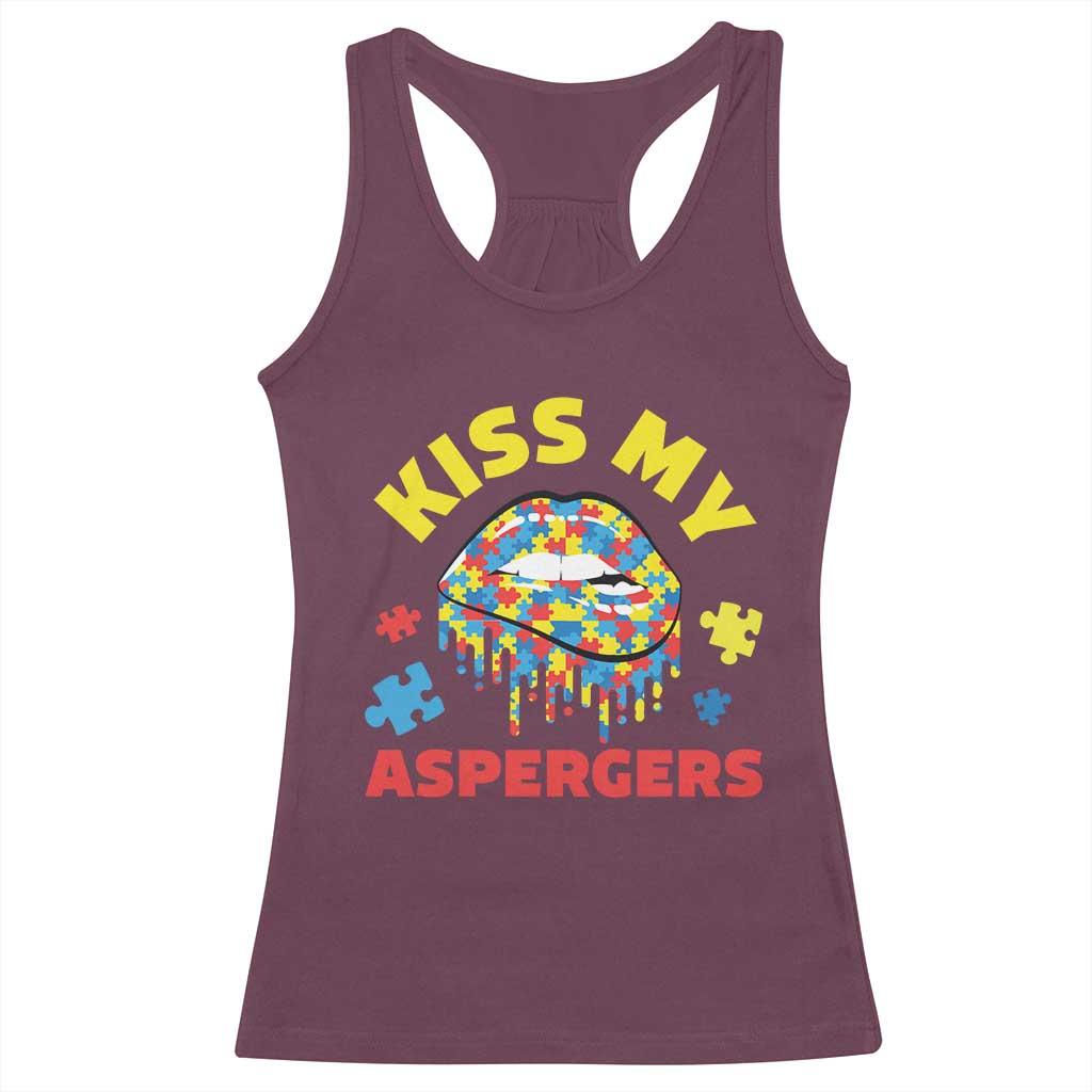 Funny Kiss My Aspergers Racerback Tank Top Asperger Syndrome Autism Awareness Puzzle Lips