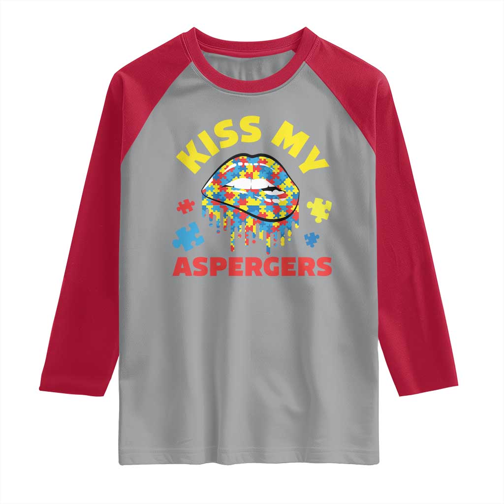 Funny Kiss My Aspergers Raglan Shirt Asperger Syndrome Autism Awareness Puzzle Lips
