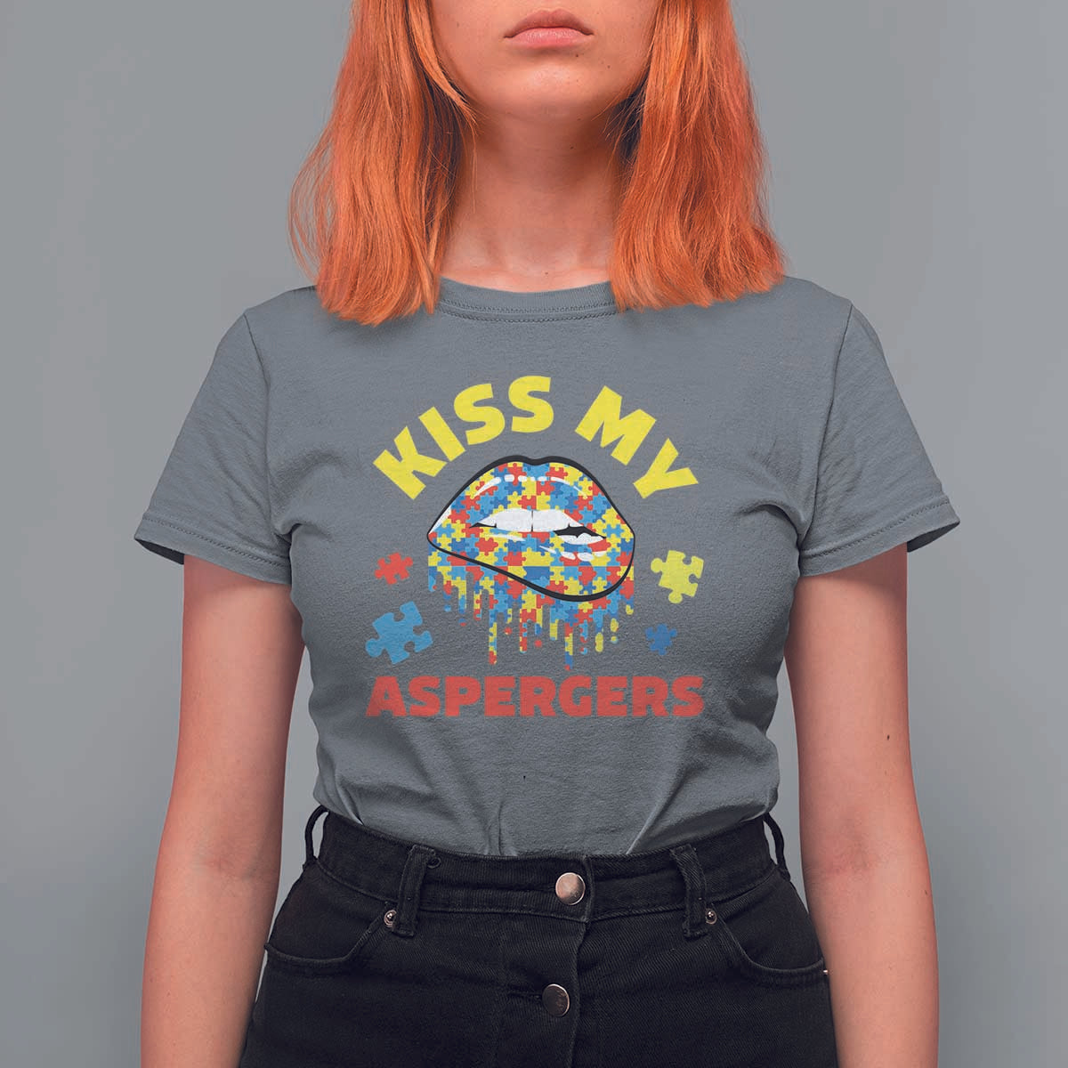 Funny Kiss My Aspergers T Shirt For Women Asperger Syndrome Autism Awareness Puzzle Lips