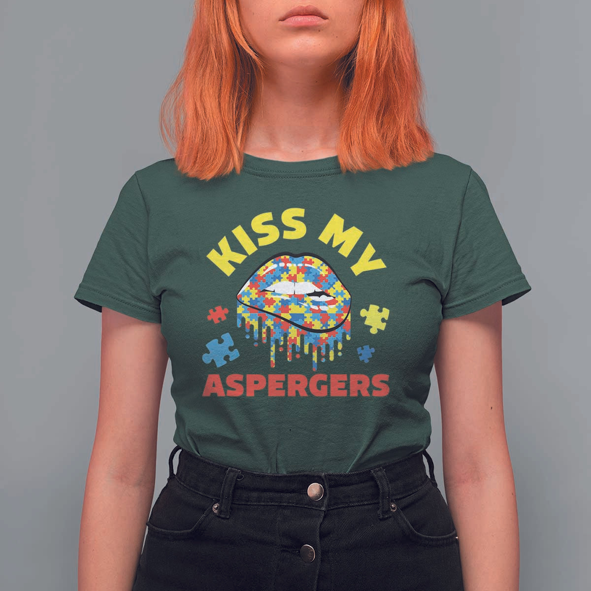 Funny Kiss My Aspergers T Shirt For Women Asperger Syndrome Autism Awareness Puzzle Lips