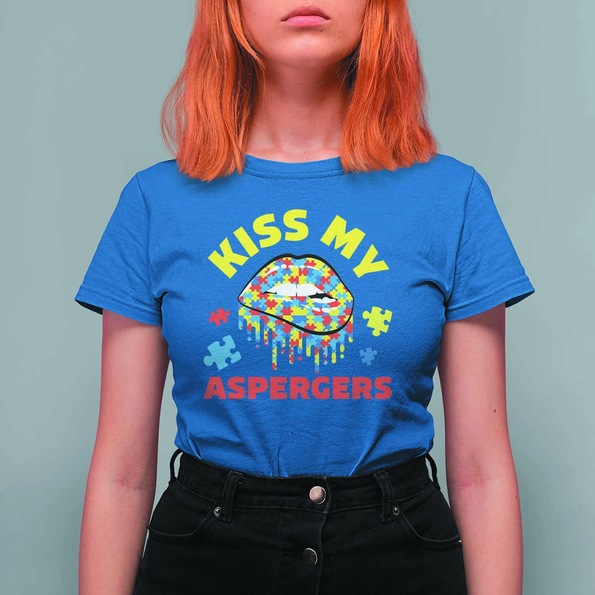 Funny Kiss My Aspergers T Shirt For Women Asperger Syndrome Autism Awareness Puzzle Lips
