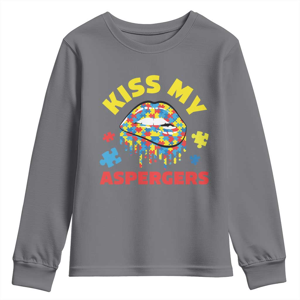 Funny Kiss My Aspergers Youth Sweatshirt Asperger Syndrome Autism Awareness Puzzle Lips