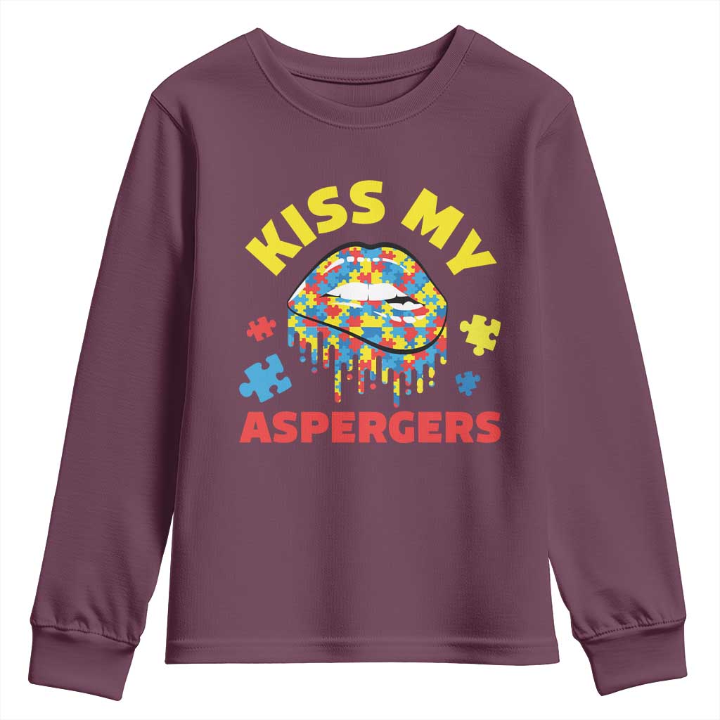Funny Kiss My Aspergers Youth Sweatshirt Asperger Syndrome Autism Awareness Puzzle Lips