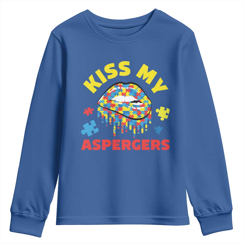 Funny Kiss My Aspergers Youth Sweatshirt Asperger Syndrome Autism Awareness Puzzle Lips