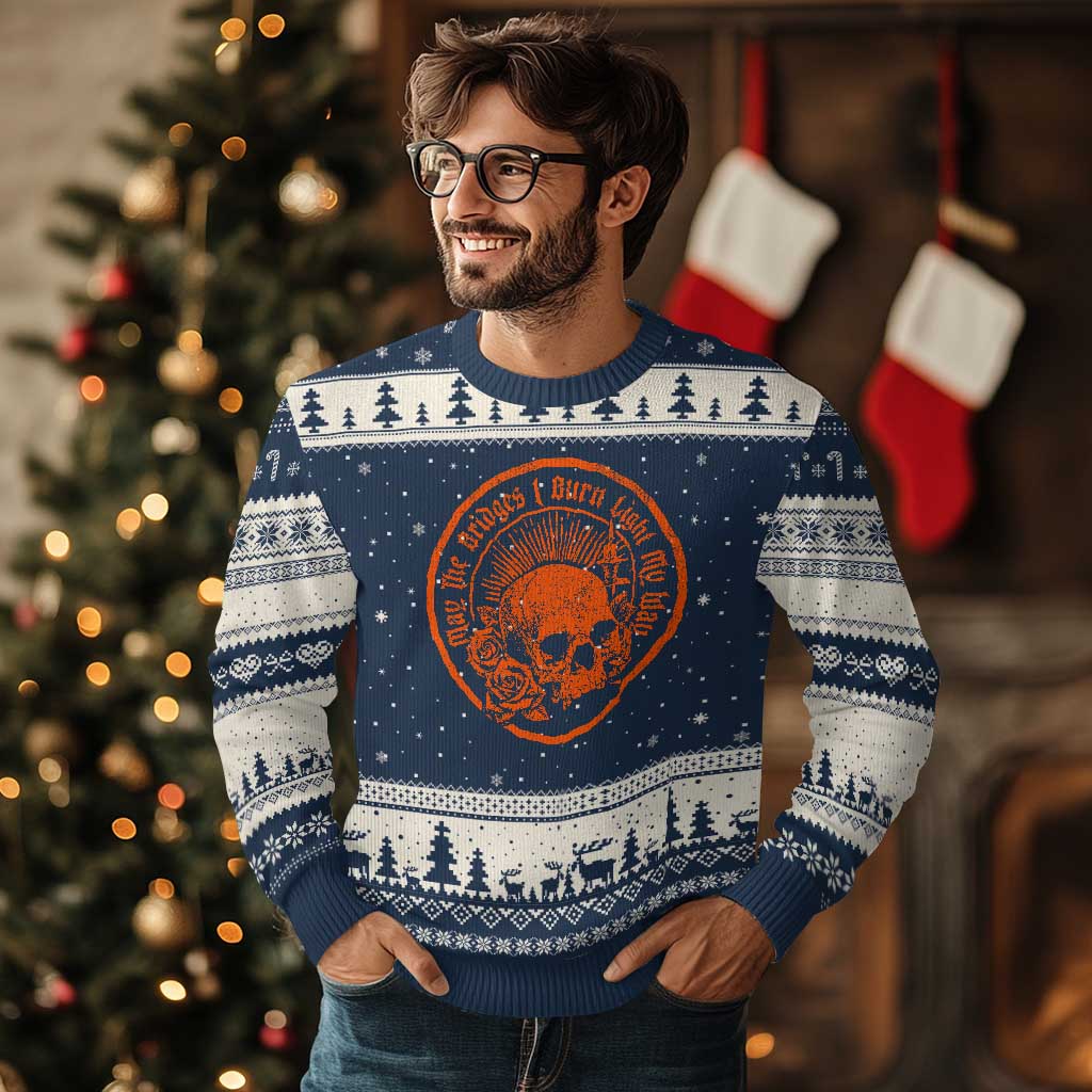 May The Bridges I Burn Light My Way Ugly Christmas Sweater Gothic Skull