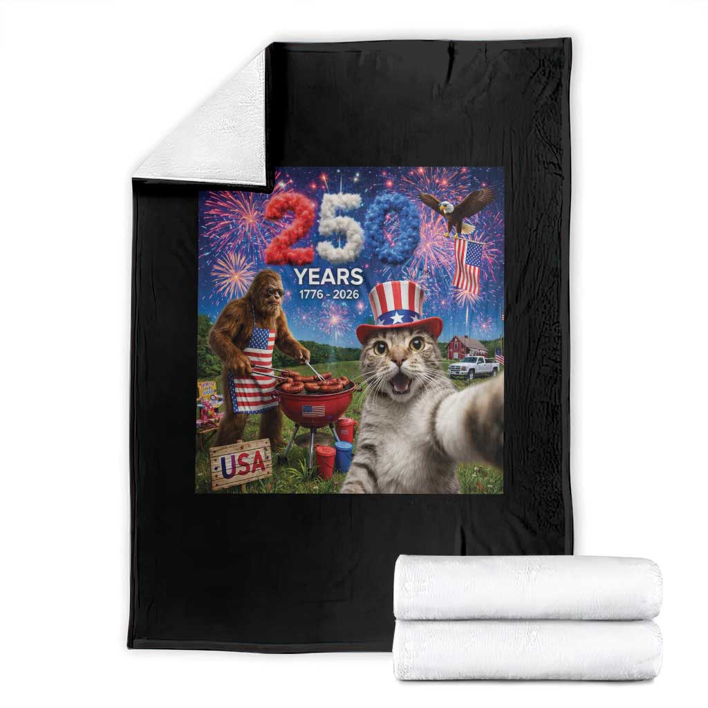 Cat Selfie with Bigfoot USA 250 Years Throw Blanket Funny 4th Of July Cat Graphic
