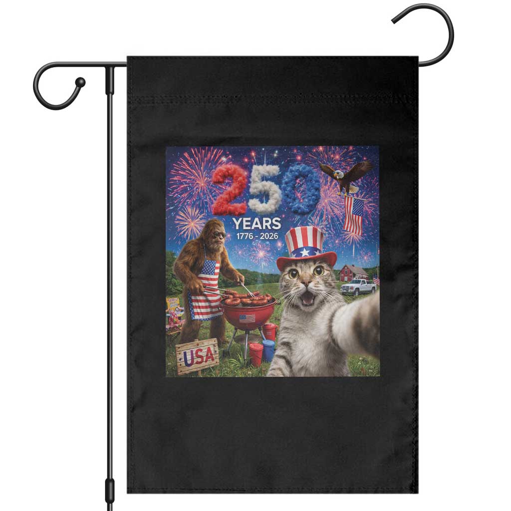 Cat Selfie with Bigfoot USA 250 Years Garden Flag Funny 4th Of July Cat Graphic