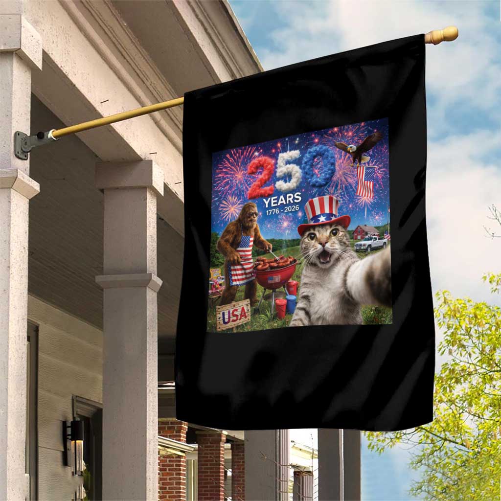 Cat Selfie with Bigfoot USA 250 Years Garden Flag Funny 4th Of July Cat Graphic