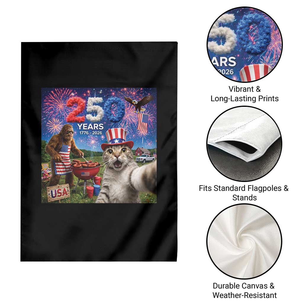 Cat Selfie with Bigfoot USA 250 Years Garden Flag Funny 4th Of July Cat Graphic
