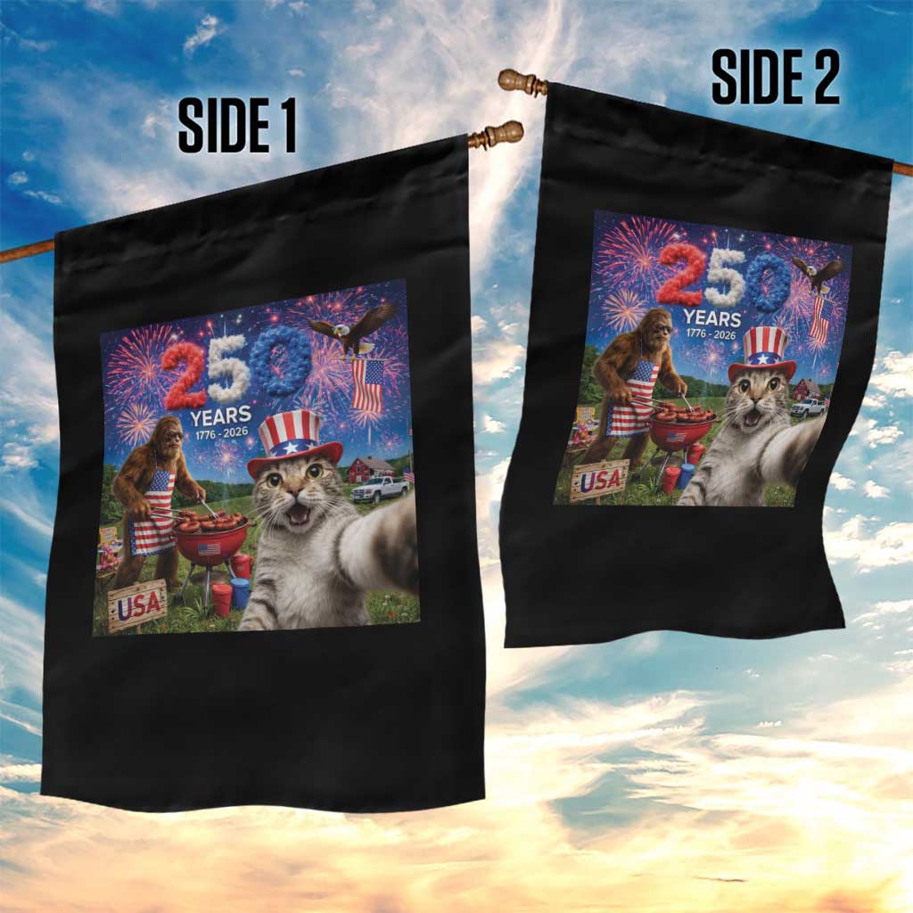 Cat Selfie with Bigfoot USA 250 Years Garden Flag Funny 4th Of July Cat Graphic