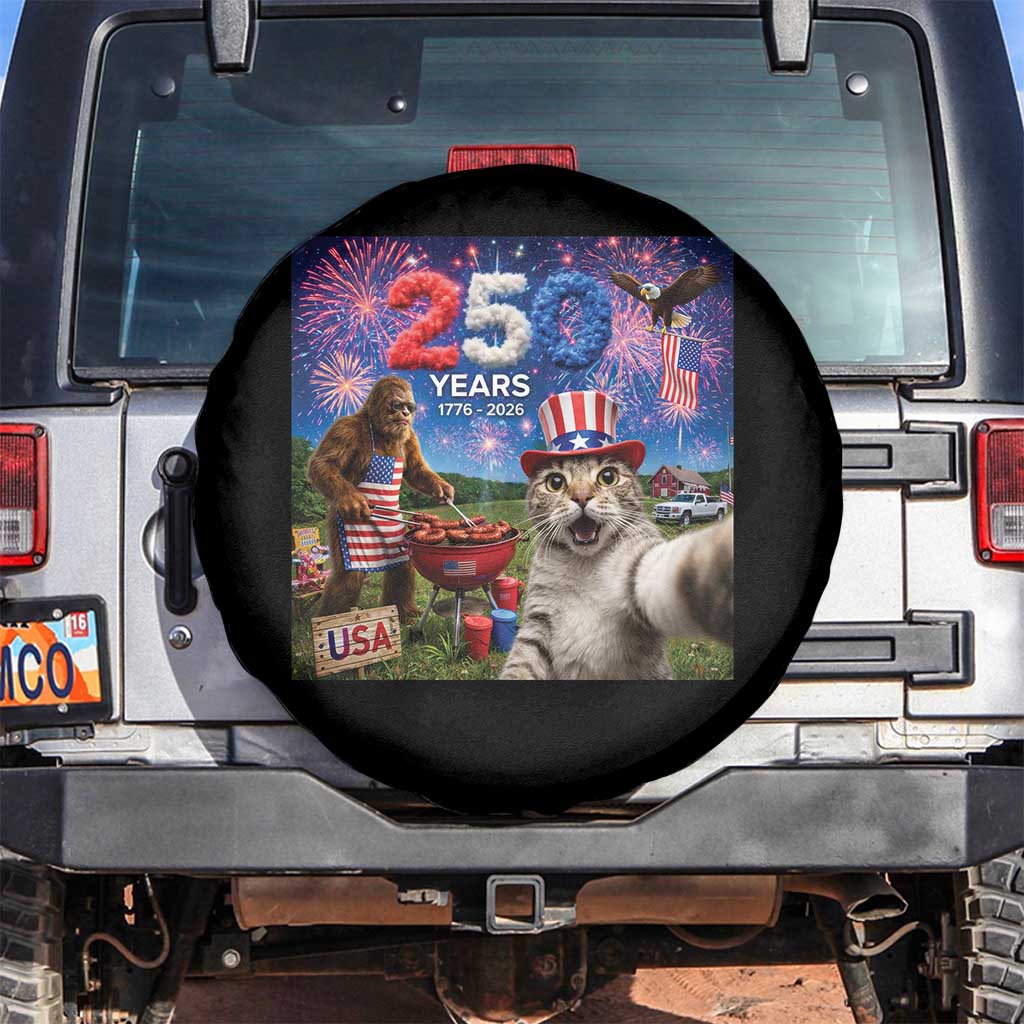 Cat Selfie with Bigfoot USA 250 Years Spare Tire Cover Funny 4th Of July Cat Graphic