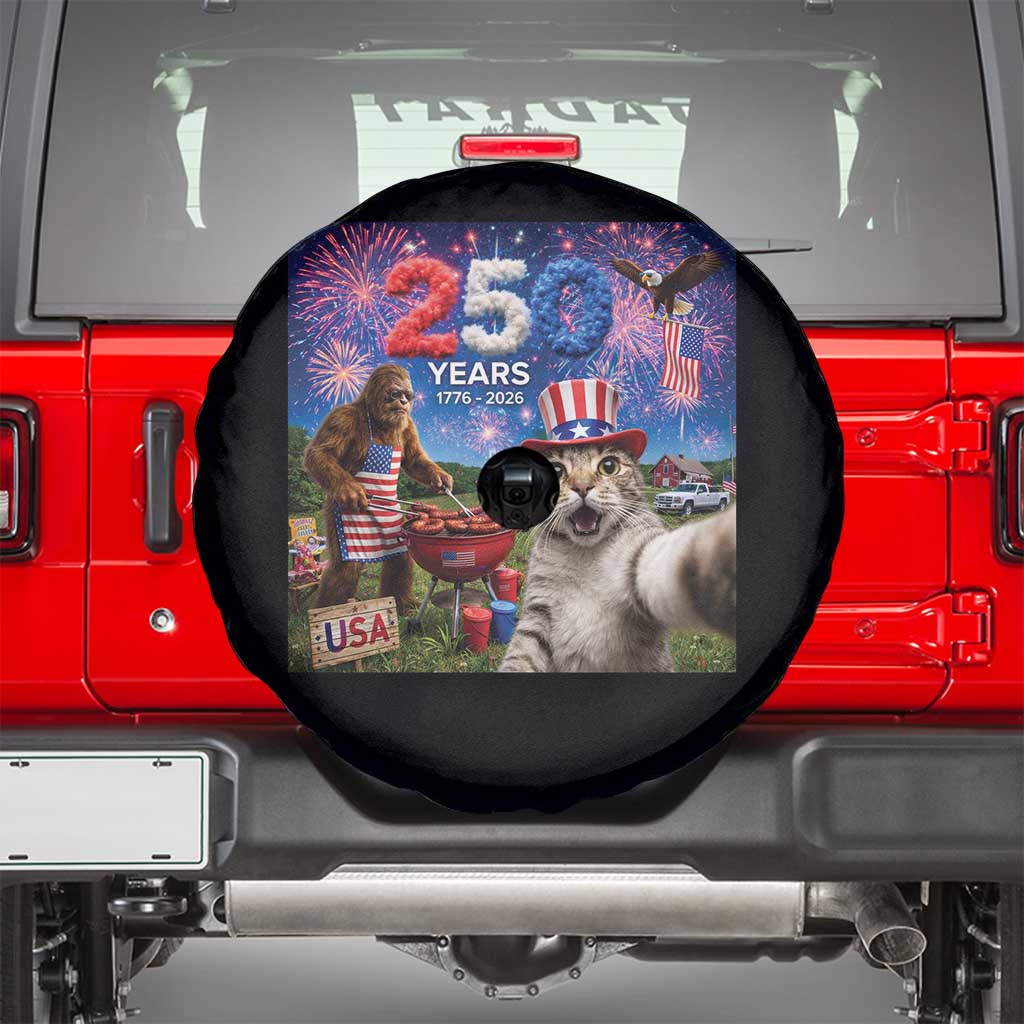 Cat Selfie with Bigfoot USA 250 Years Spare Tire Cover Funny 4th Of July Cat Graphic