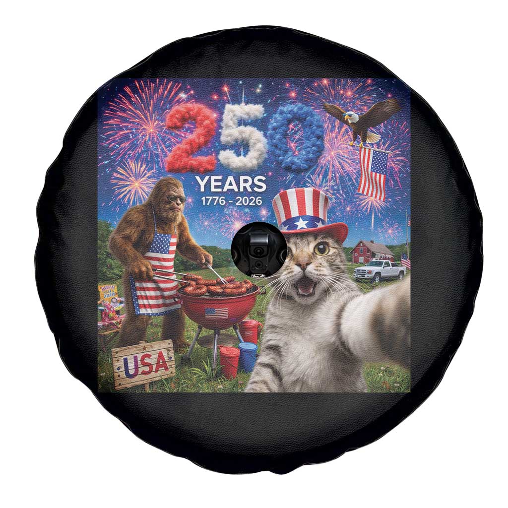Cat Selfie with Bigfoot USA 250 Years Spare Tire Cover Funny 4th Of July Cat Graphic