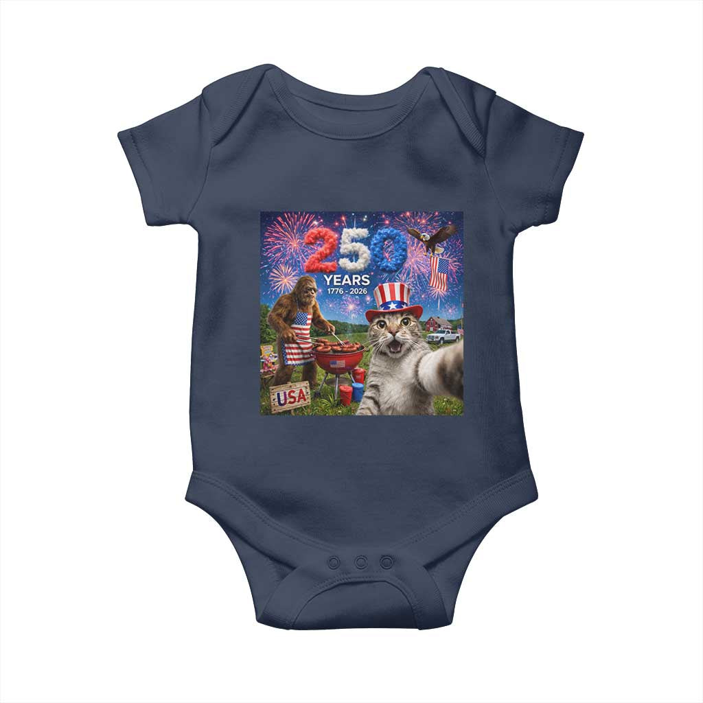 Cat Selfie with Bigfoot USA 250 Years Baby Onesie Funny 4th Of July Cat Graphic