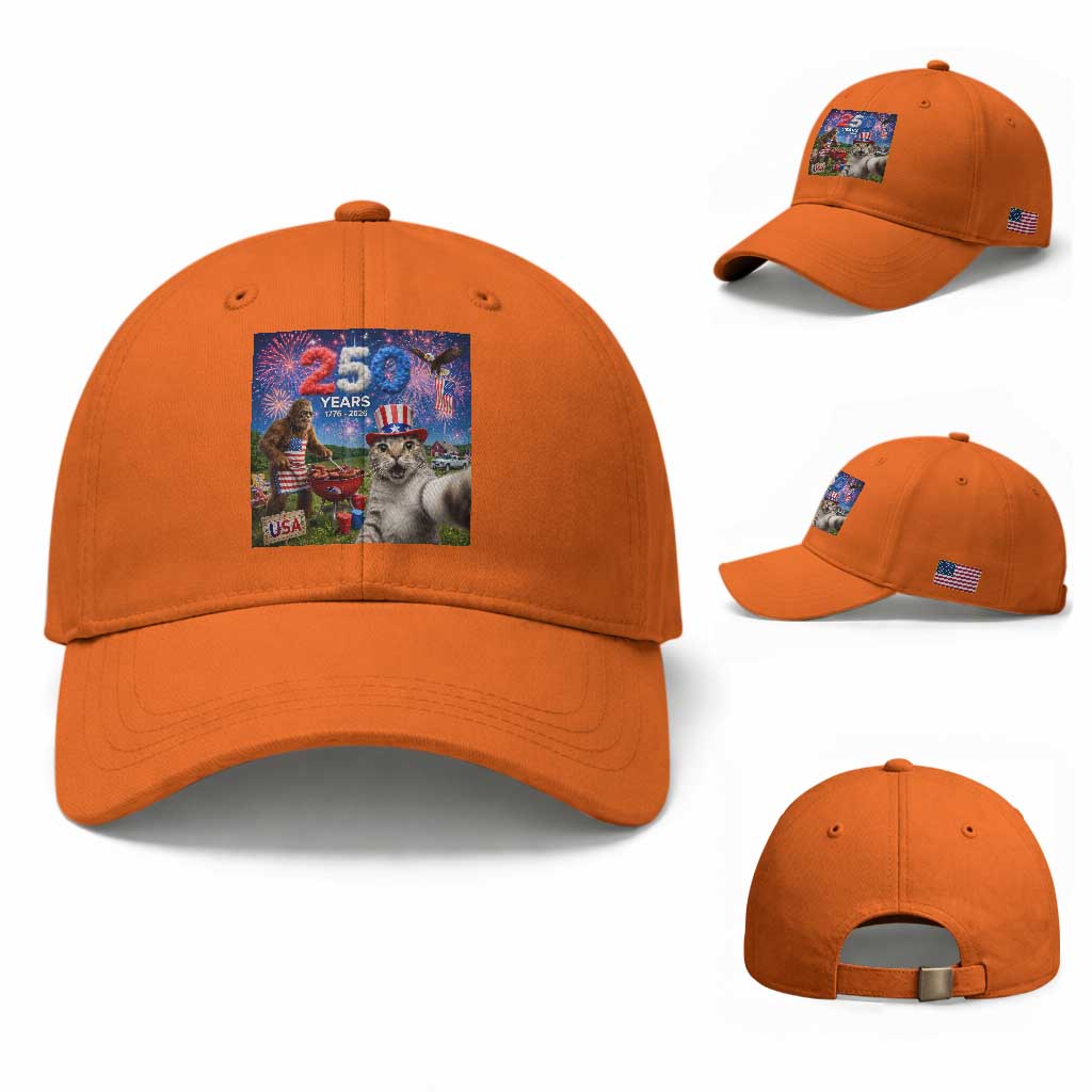 Cat Selfie with Bigfoot USA 250 Years Baseball Cap Funny 4th Of July Cat Graphic