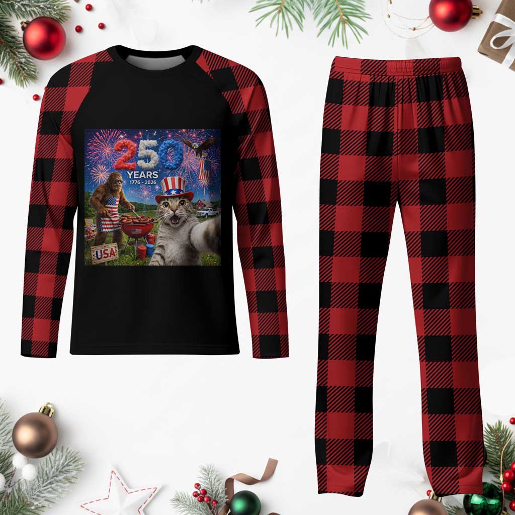 Cat Selfie with Bigfoot USA 250 Years Plaid Pajama Set Funny 4th Of July Cat Graphic