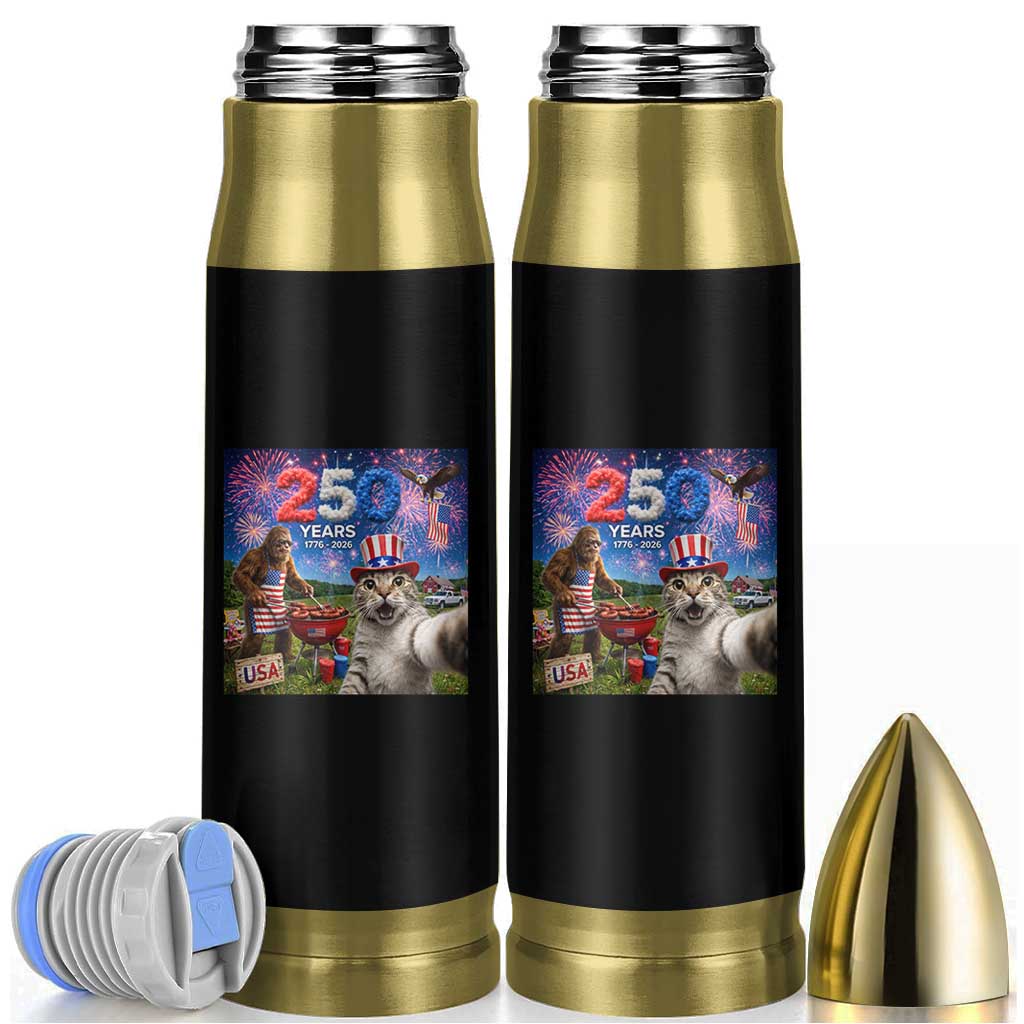 Cat Selfie with Bigfoot USA 250 Years Bullet Tumbler Funny 4th Of July Cat Graphic