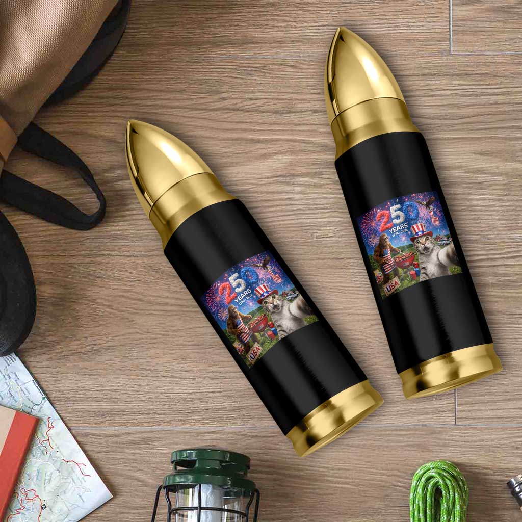 Cat Selfie with Bigfoot USA 250 Years Bullet Tumbler Funny 4th Of July Cat Graphic