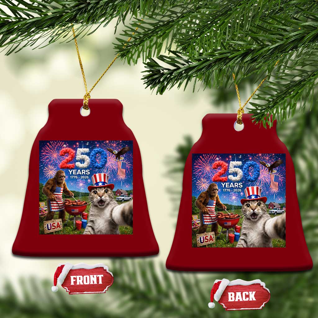 Cat Selfie with Bigfoot USA 250 Years Ceramic Ornament Funny 4th Of July Cat Graphic