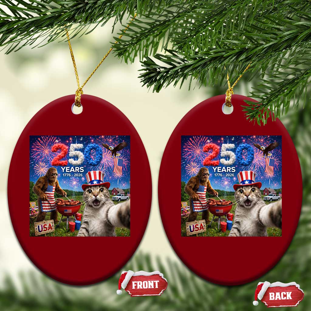 Cat Selfie with Bigfoot USA 250 Years Ceramic Ornament Funny 4th Of July Cat Graphic