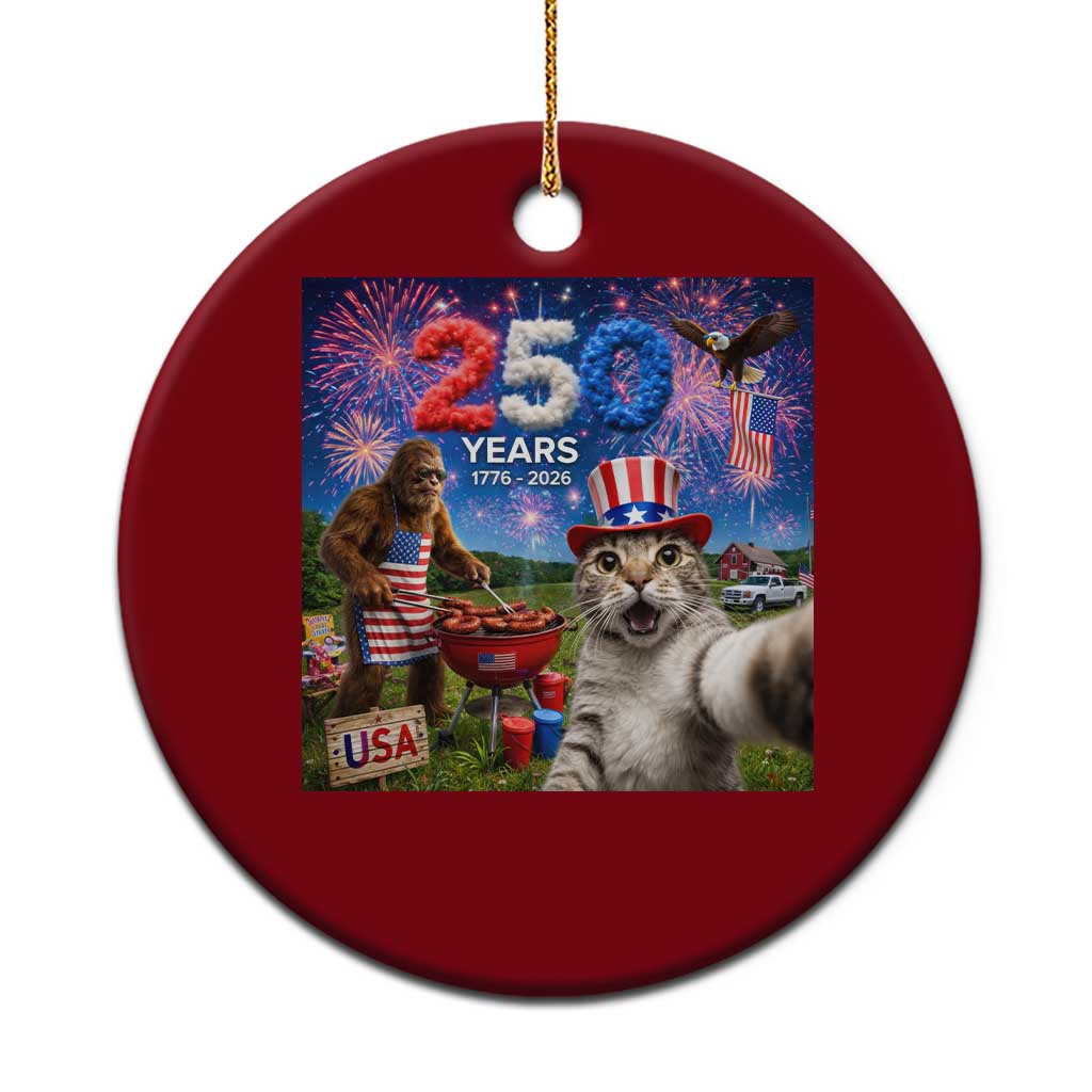 Cat Selfie with Bigfoot USA 250 Years Ceramic Ornament Funny 4th Of July Cat Graphic
