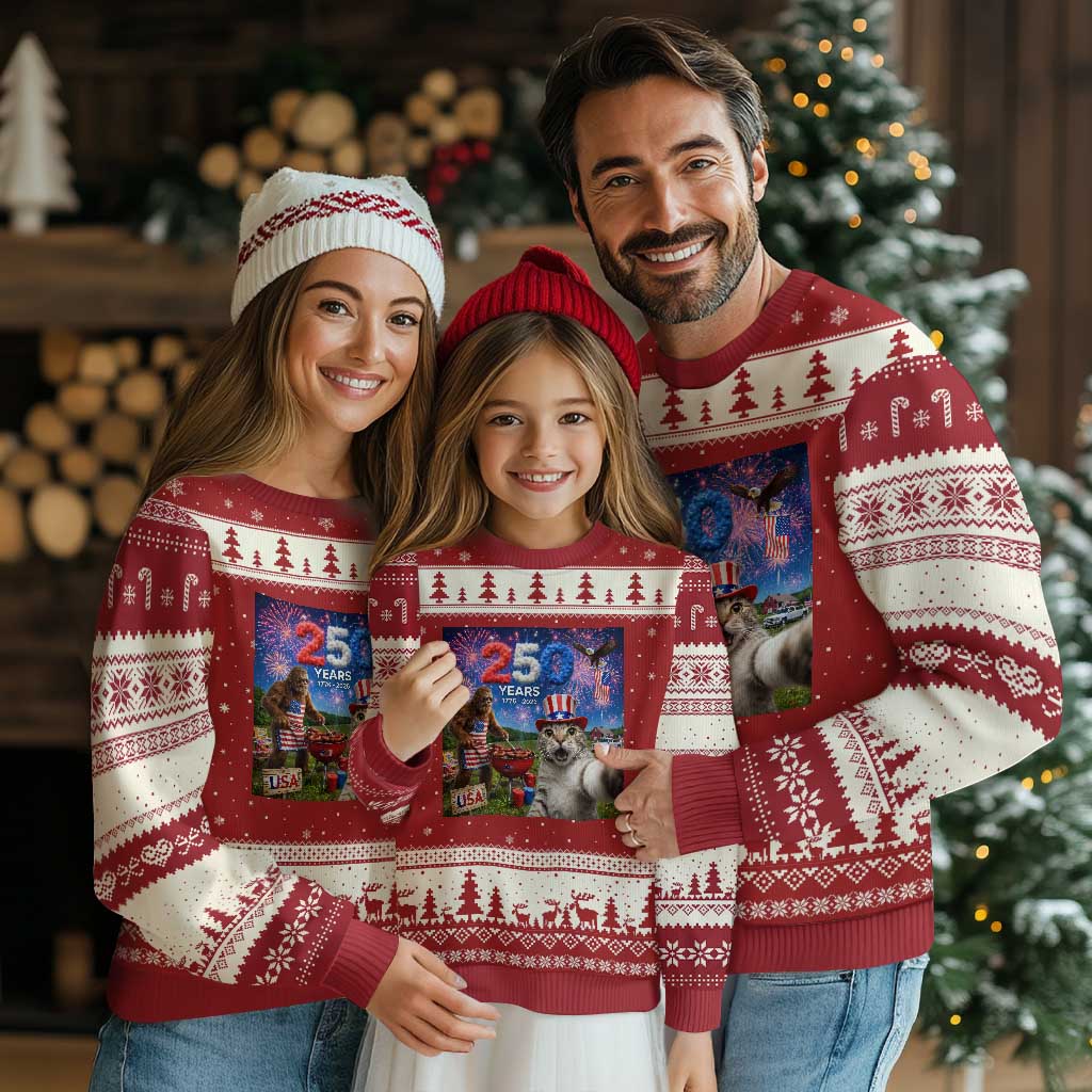 Cat Selfie with Bigfoot USA 250 Years Ugly Christmas Sweater Funny 4th Of July Cat Graphic