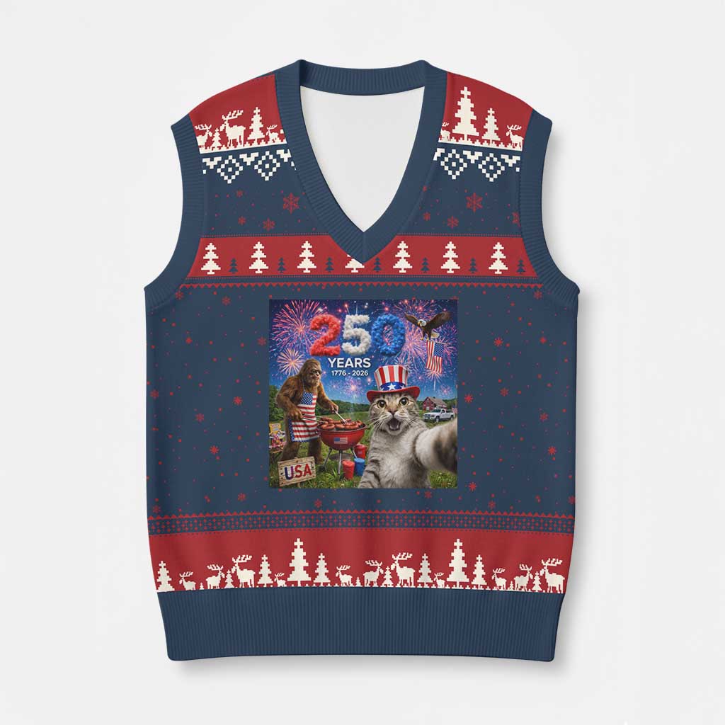 Cat Selfie with Bigfoot USA 250 Years V-Neck Knit Sweater Vest Funny 4th Of July Cat Graphic