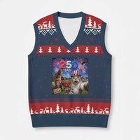 Cat Selfie with Bigfoot USA 250 Years V-Neck Knit Sweater Vest Funny 4th Of July Cat Graphic