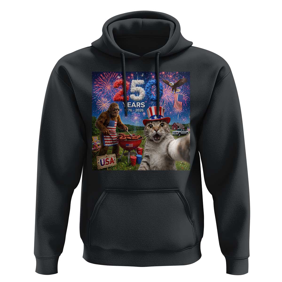 Cat Selfie with Bigfoot USA 250 Years Hoodie Funny 4th Of July Cat Graphic