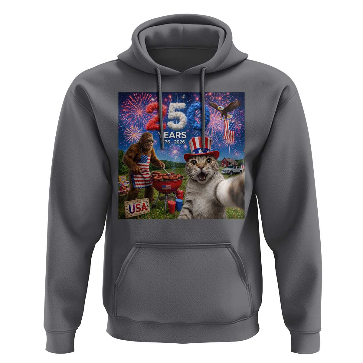 Cat Selfie with Bigfoot USA 250 Years Hoodie Funny 4th Of July Cat Graphic