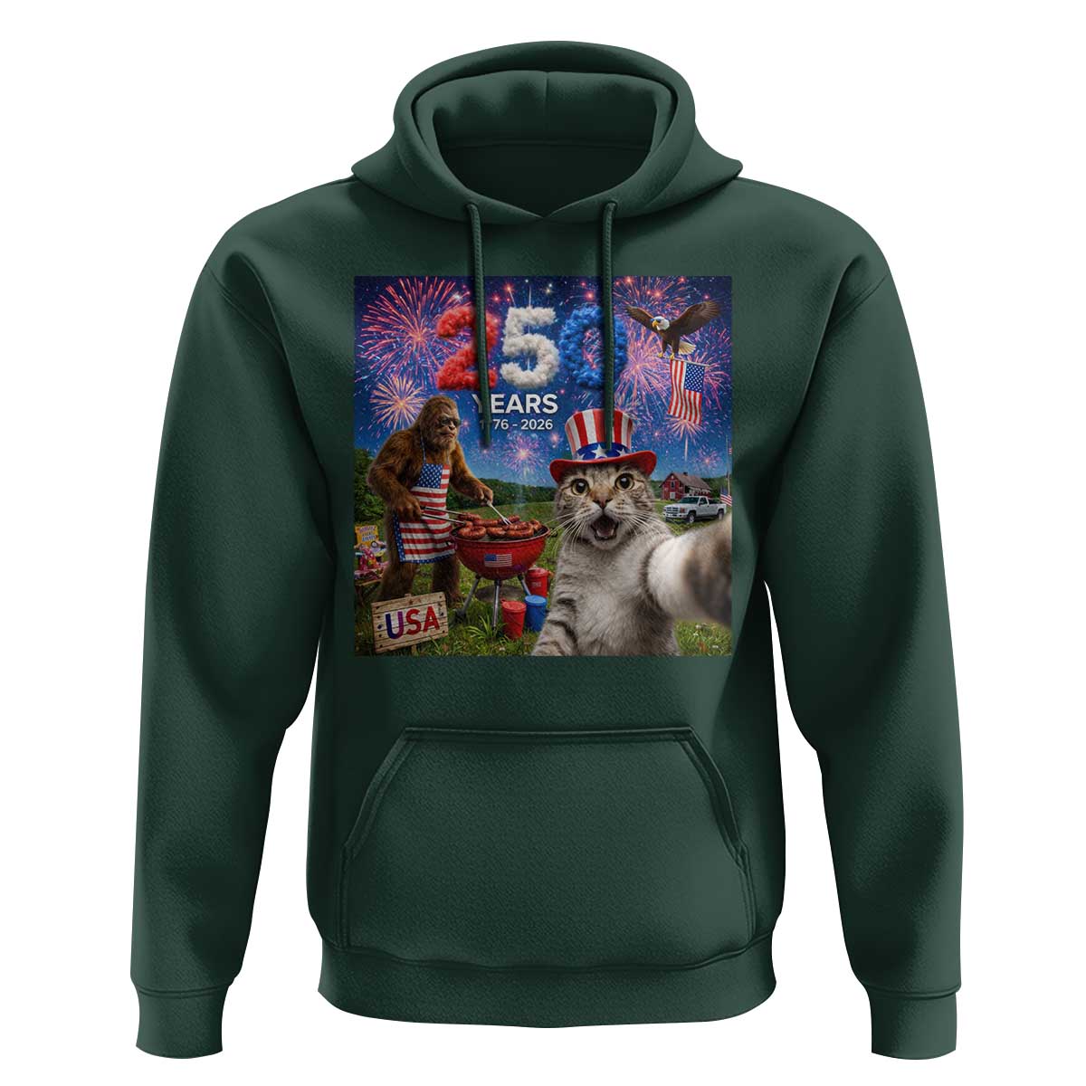 Cat Selfie with Bigfoot USA 250 Years Hoodie Funny 4th Of July Cat Graphic