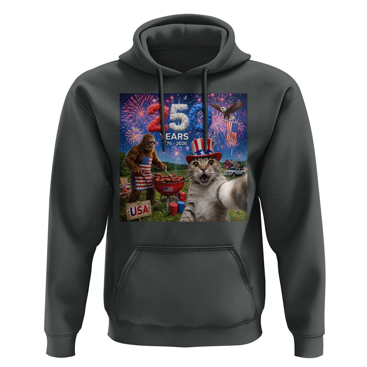 Cat Selfie with Bigfoot USA 250 Years Hoodie Funny 4th Of July Cat Graphic