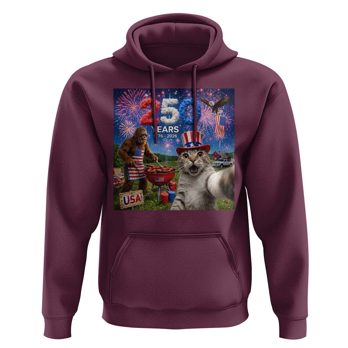 Cat Selfie with Bigfoot USA 250 Years Hoodie Funny 4th Of July Cat Graphic