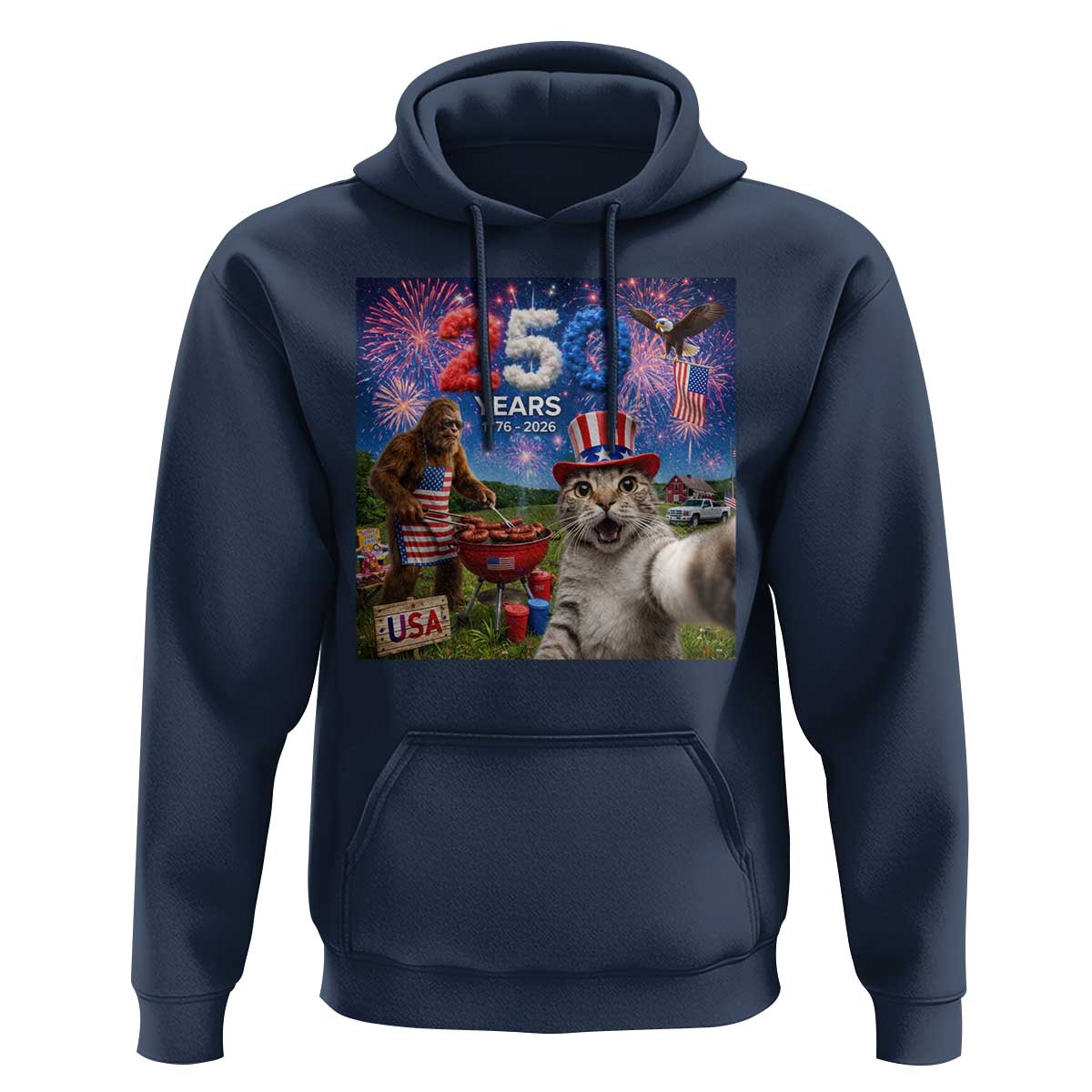 Cat Selfie with Bigfoot USA 250 Years Hoodie Funny 4th Of July Cat Graphic