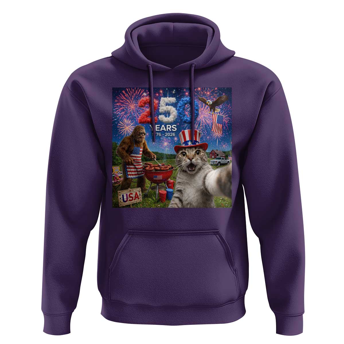 Cat Selfie with Bigfoot USA 250 Years Hoodie Funny 4th Of July Cat Graphic