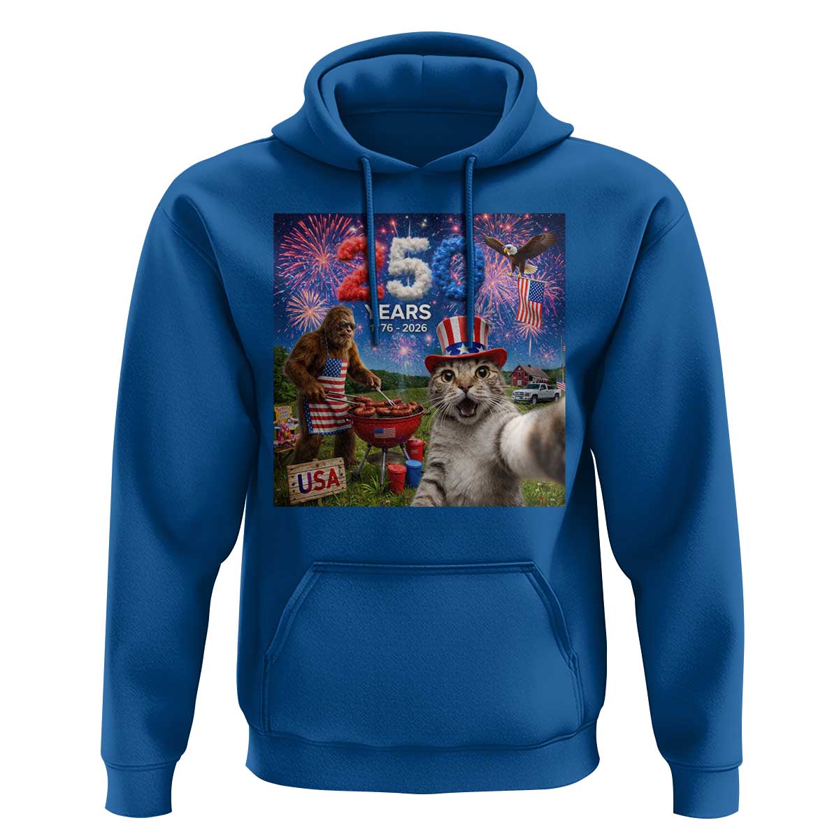Cat Selfie with Bigfoot USA 250 Years Hoodie Funny 4th Of July Cat Graphic