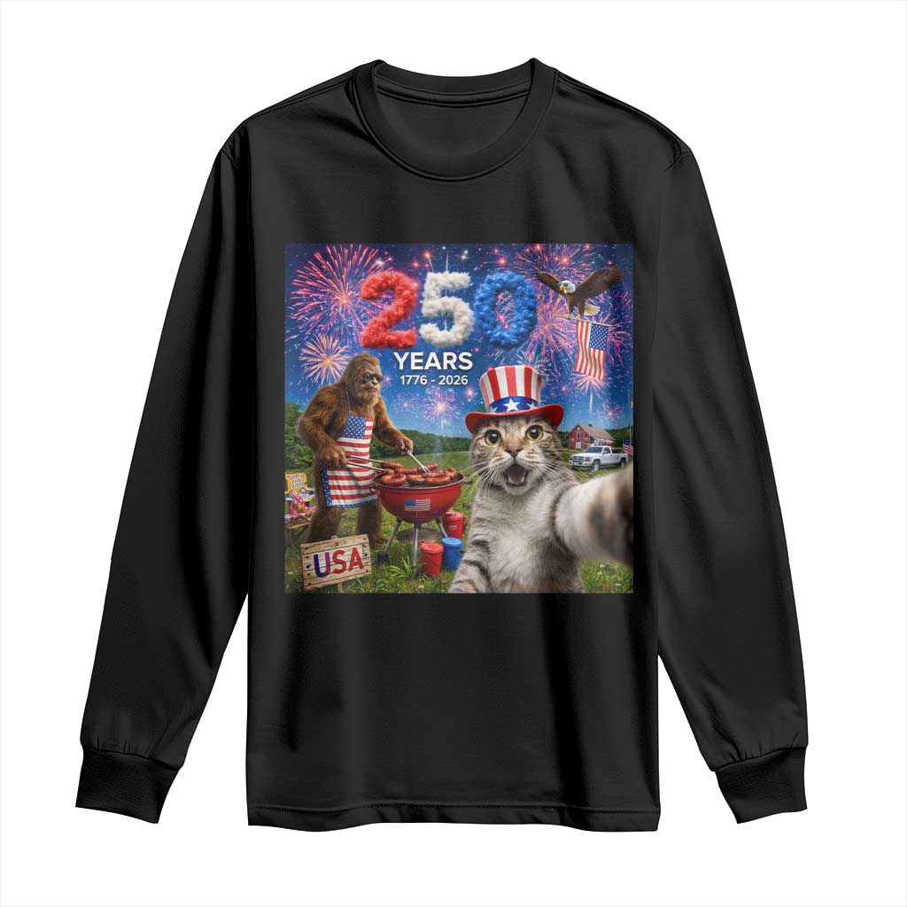 Cat Selfie with Bigfoot USA 250 Years Long Sleeve Shirt Funny 4th Of July Cat Graphic
