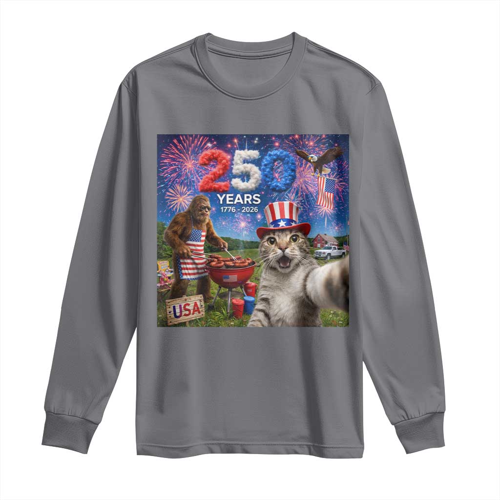 Cat Selfie with Bigfoot USA 250 Years Long Sleeve Shirt Funny 4th Of July Cat Graphic