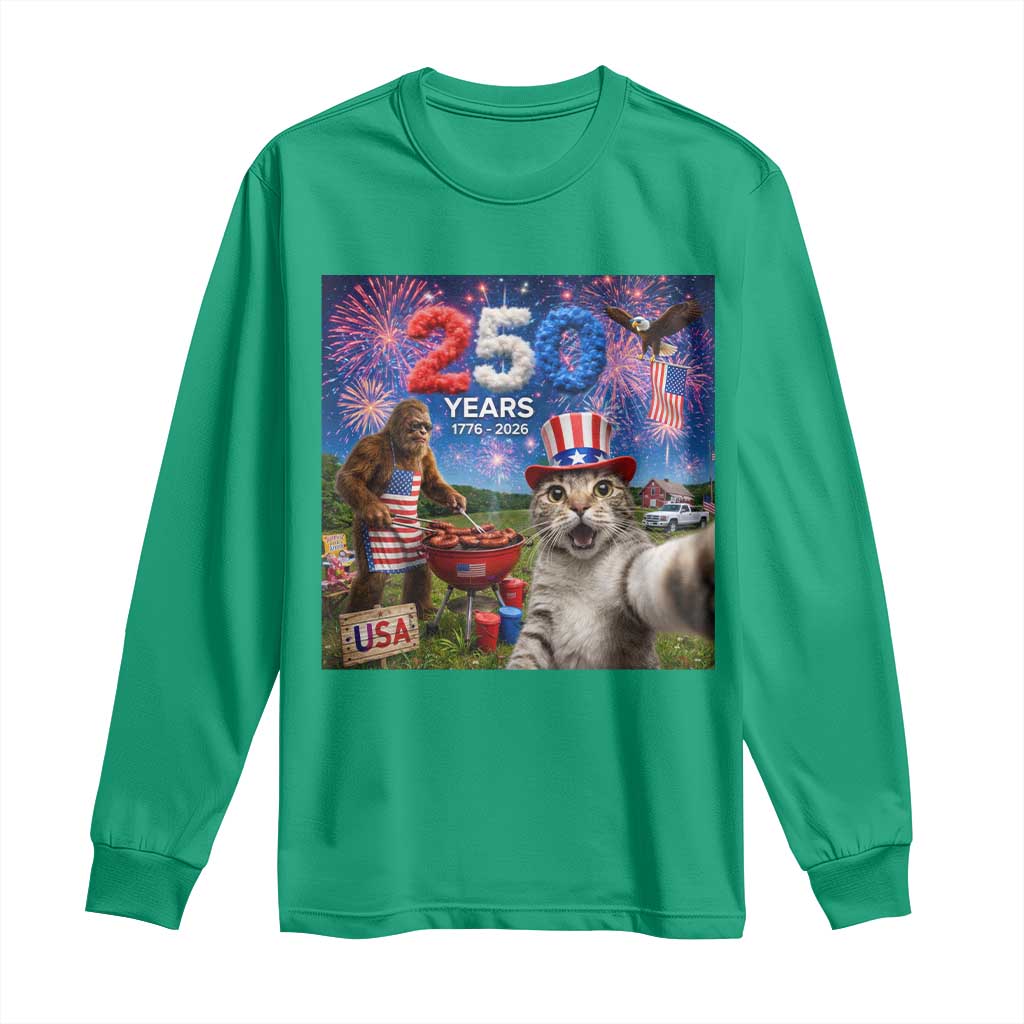 Cat Selfie with Bigfoot USA 250 Years Long Sleeve Shirt Funny 4th Of July Cat Graphic