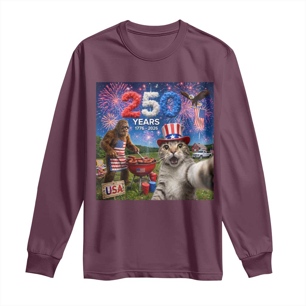Cat Selfie with Bigfoot USA 250 Years Long Sleeve Shirt Funny 4th Of July Cat Graphic
