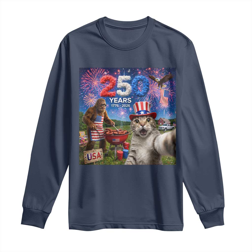 Cat Selfie with Bigfoot USA 250 Years Long Sleeve Shirt Funny 4th Of July Cat Graphic