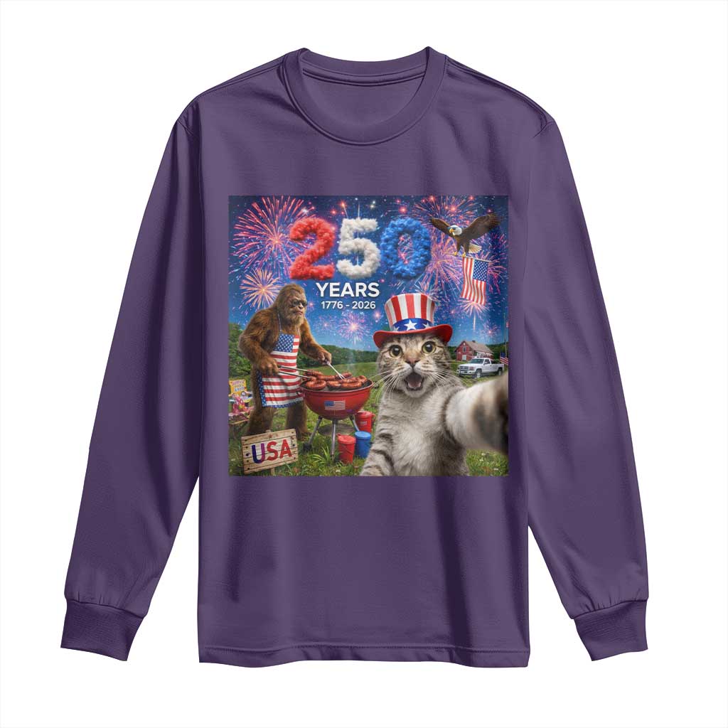 Cat Selfie with Bigfoot USA 250 Years Long Sleeve Shirt Funny 4th Of July Cat Graphic