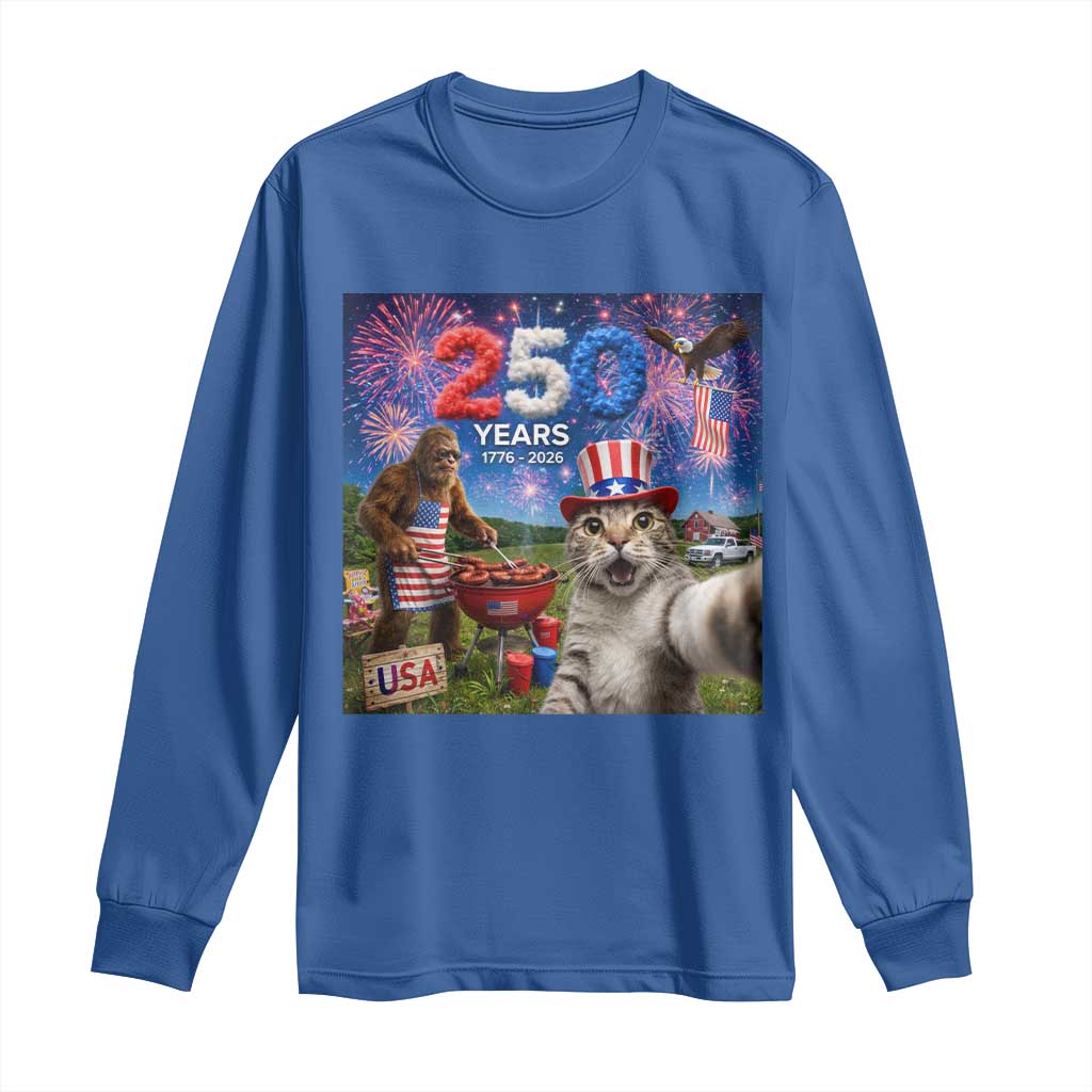 Cat Selfie with Bigfoot USA 250 Years Long Sleeve Shirt Funny 4th Of July Cat Graphic
