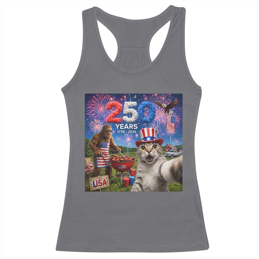 Cat Selfie with Bigfoot USA 250 Years Racerback Tank Top Funny 4th Of July Cat Graphic