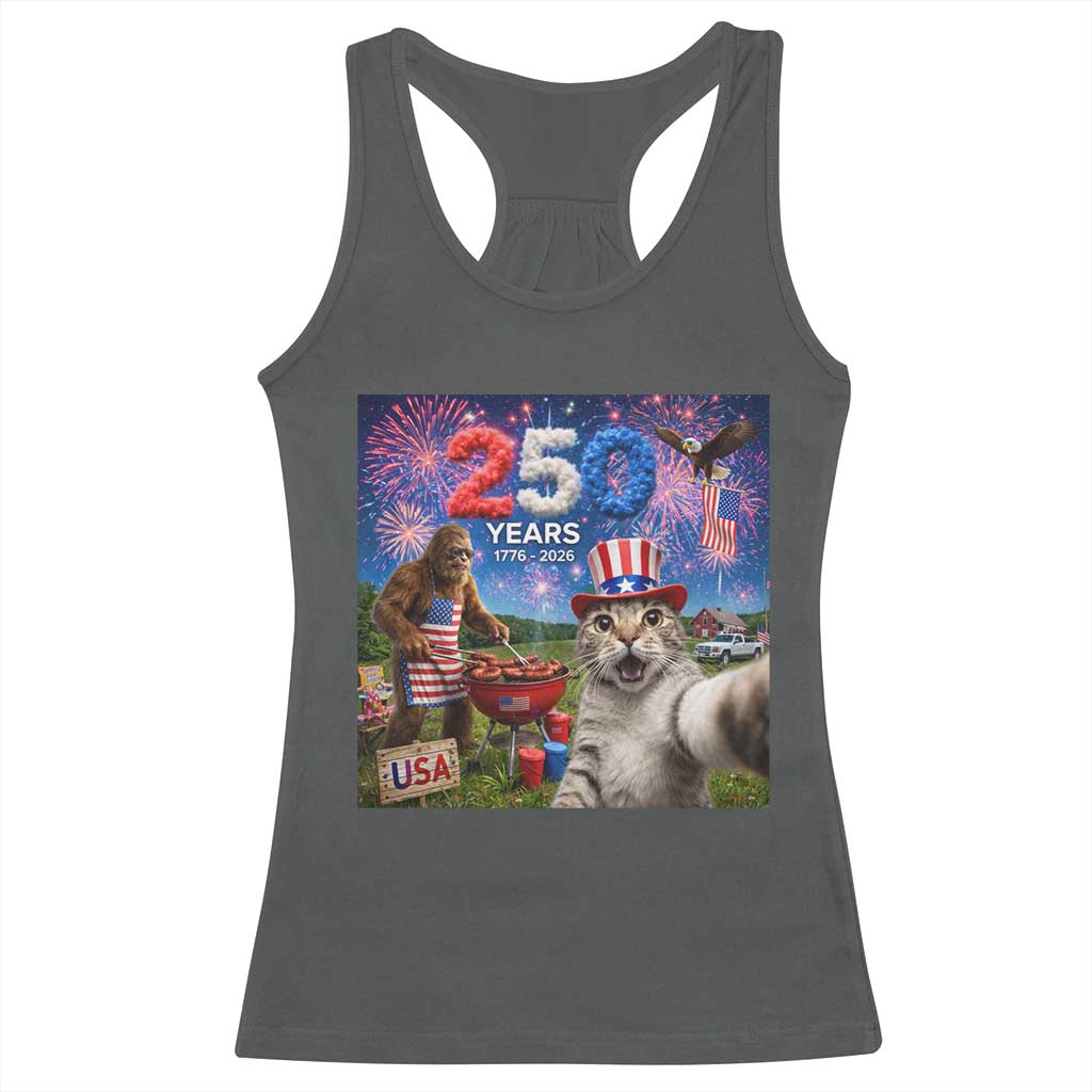 Cat Selfie with Bigfoot USA 250 Years Racerback Tank Top Funny 4th Of July Cat Graphic