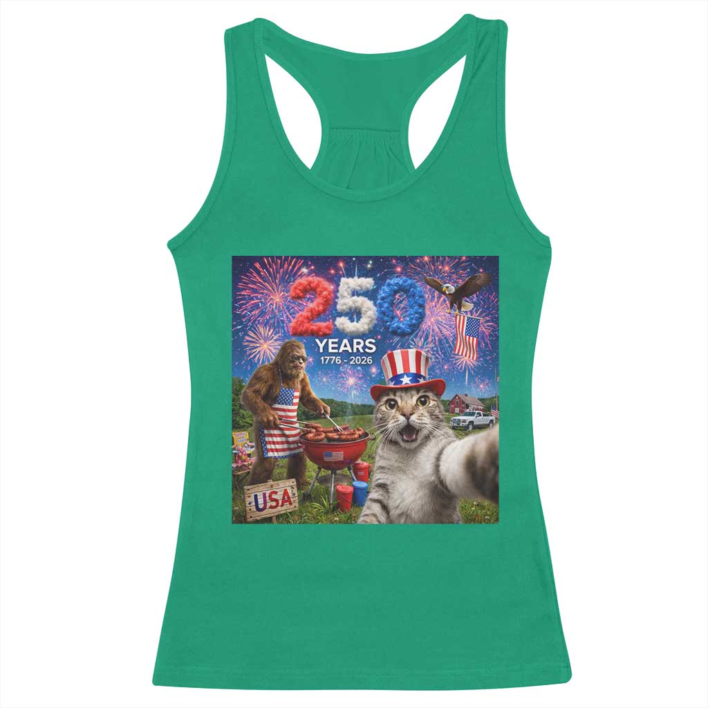 Cat Selfie with Bigfoot USA 250 Years Racerback Tank Top Funny 4th Of July Cat Graphic