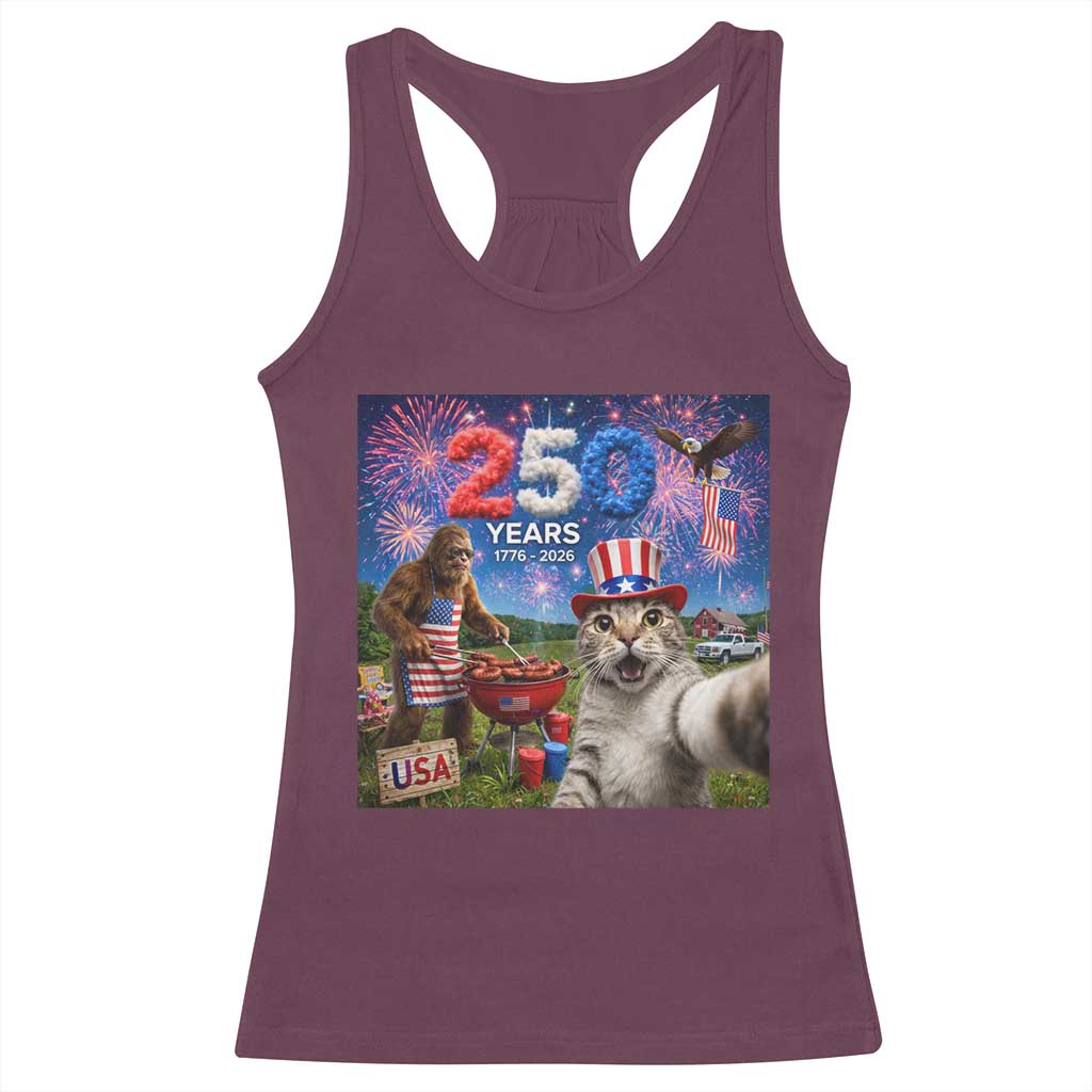 Cat Selfie with Bigfoot USA 250 Years Racerback Tank Top Funny 4th Of July Cat Graphic