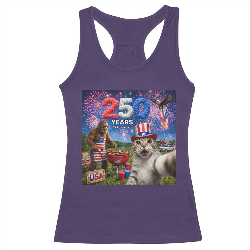 Cat Selfie with Bigfoot USA 250 Years Racerback Tank Top Funny 4th Of July Cat Graphic